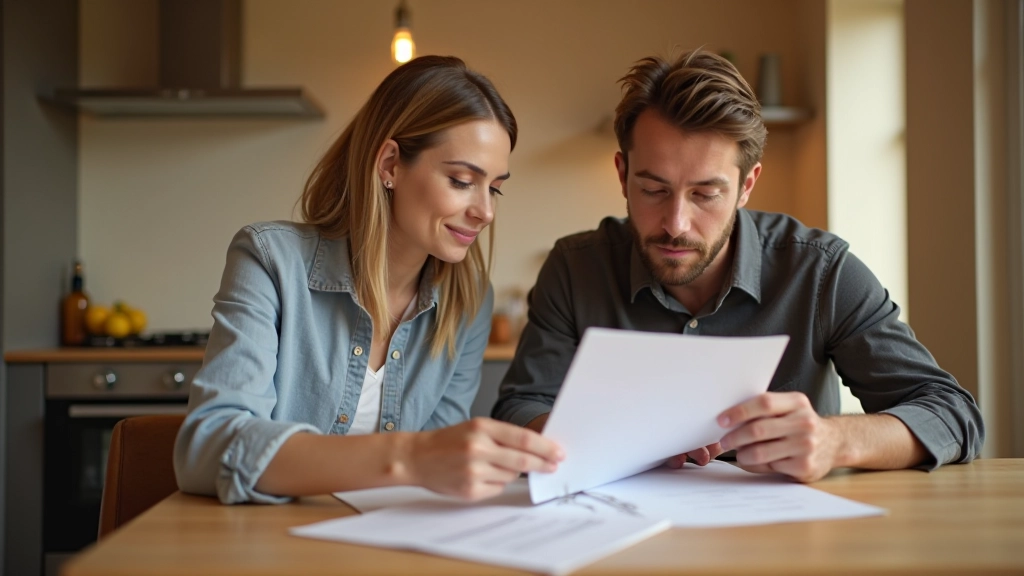 Paar sitzt zusammen und plant Finanzbudget mit Taschenrechner und Notizen