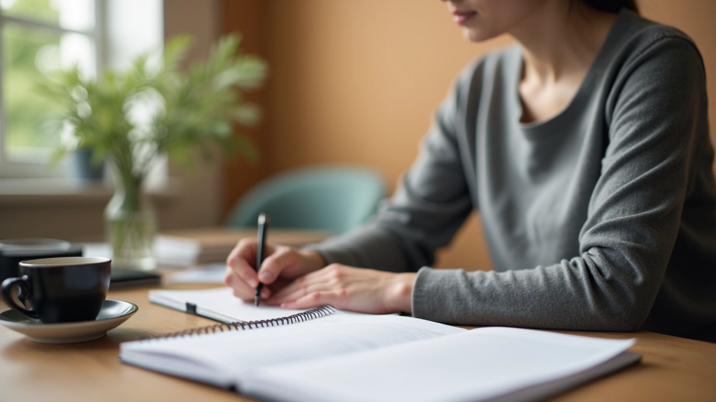 Person schreibt finanzielle Ziele auf ein Notizbuch am Schreibtisch mit Kaffee